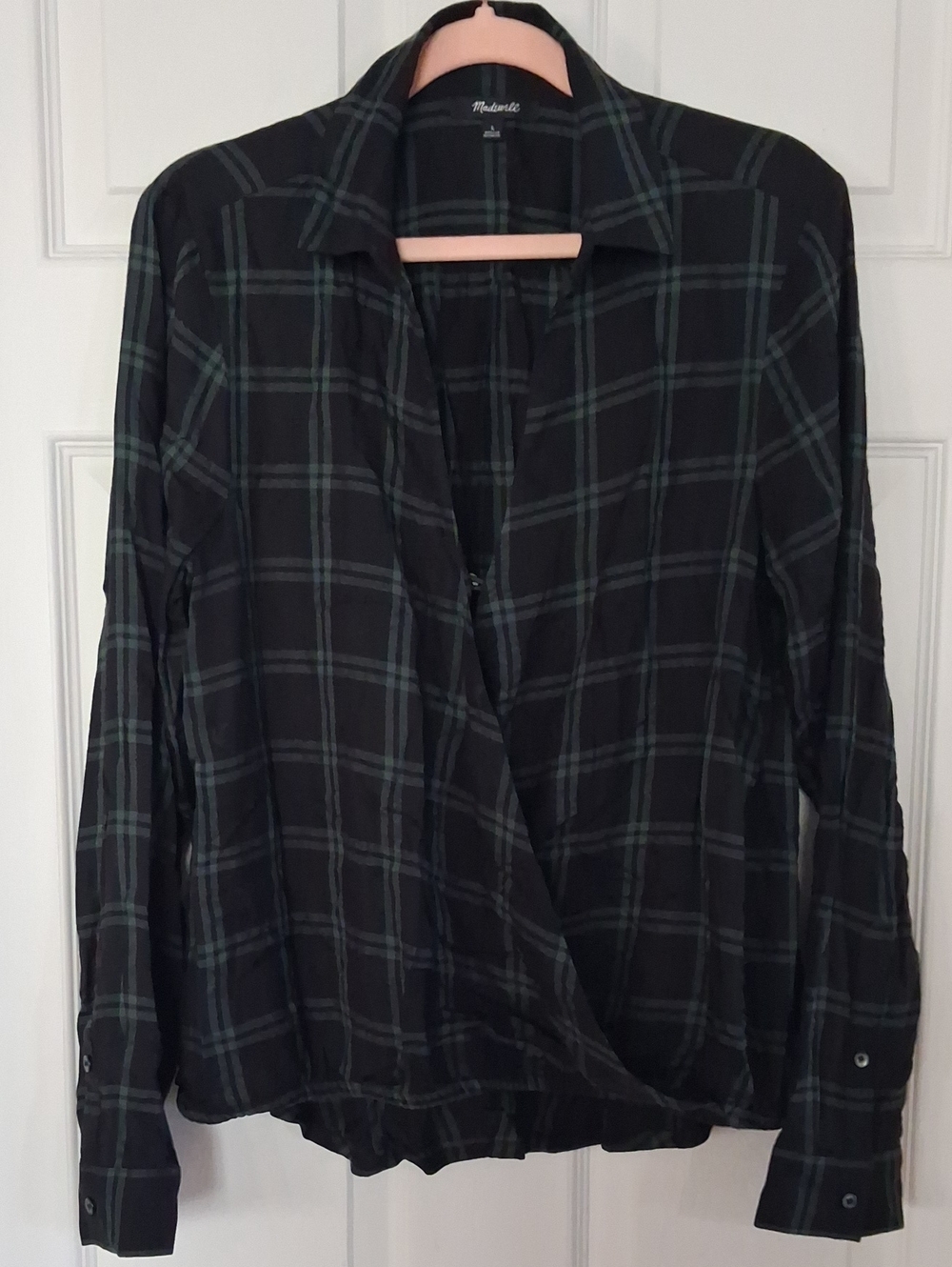 Madewell Black and Forest Green Plaid Cross Bottom Shirt